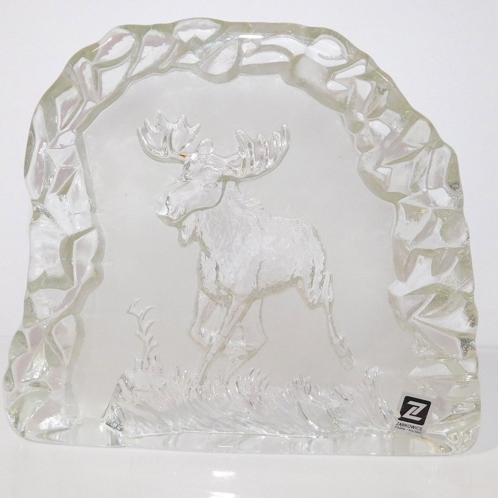 Zabkowice Poland Moose clear block art glass 7.25" x 8.5" Décor Accent